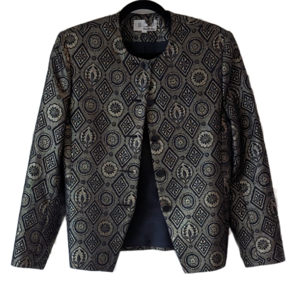 Vintage Jacquard Blazer 80's Structured Gold Women's M